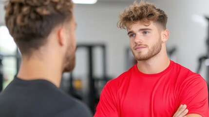 Personal trainer discussing anabolic steroid risks with a young athlete in a gym setting.