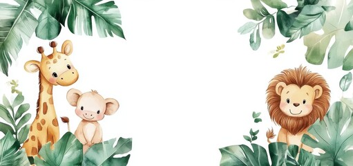 Obraz premium Soft watercolor strokes and lush green leaves surround hand-painted baby safari animals and a friendly elephant in a jungle-themed frame, resulting in a cheerful and kid-friendly composition