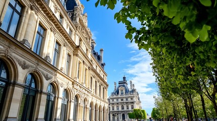 Obraz premium Stunning view of classic architecture with blue sky and vibrant greenery in a European city : Generative AI