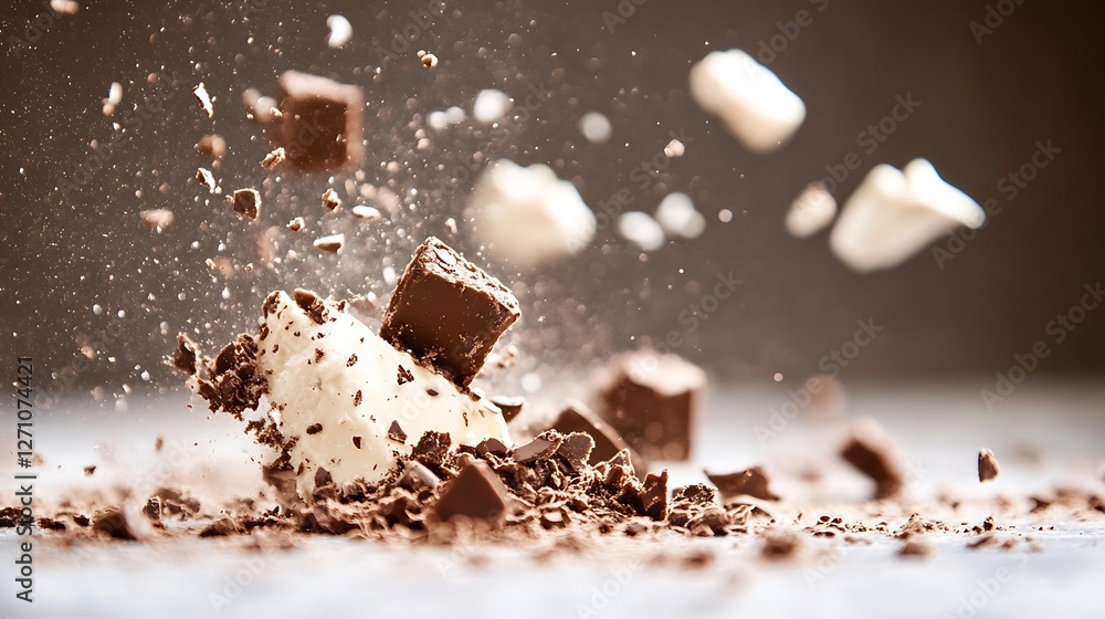 Aufkleber Dynamic explosion of chocolate pieces creating a delicious and visually appealing splash effect : Generative AI