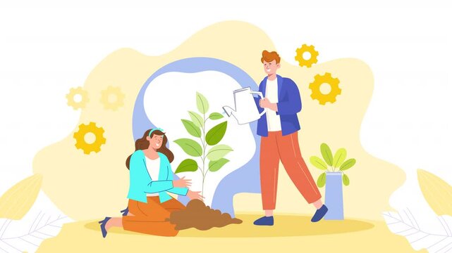 2D flat character design scene animation illustrating the growth of a mind through learning and development, showing a character engaging in various educational activities and experiences.