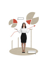 Vertical photo template collage business concept young lady formalwear hold arms showing diagrams...