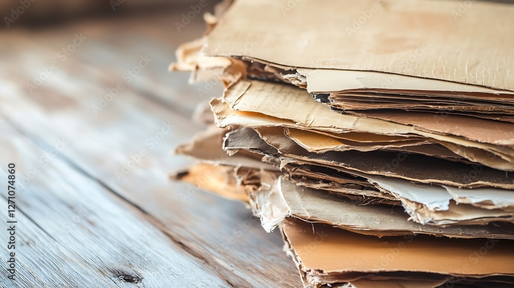 Poster close up of a stack of worn and damaged old papers ready for recycling on a rustic wooden background