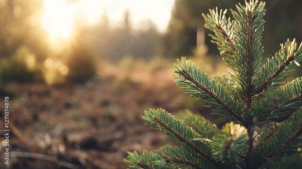Poster Sunlight filtering through the trees illuminating a closeup of a fresh green pine branch in the forest : Generative AI