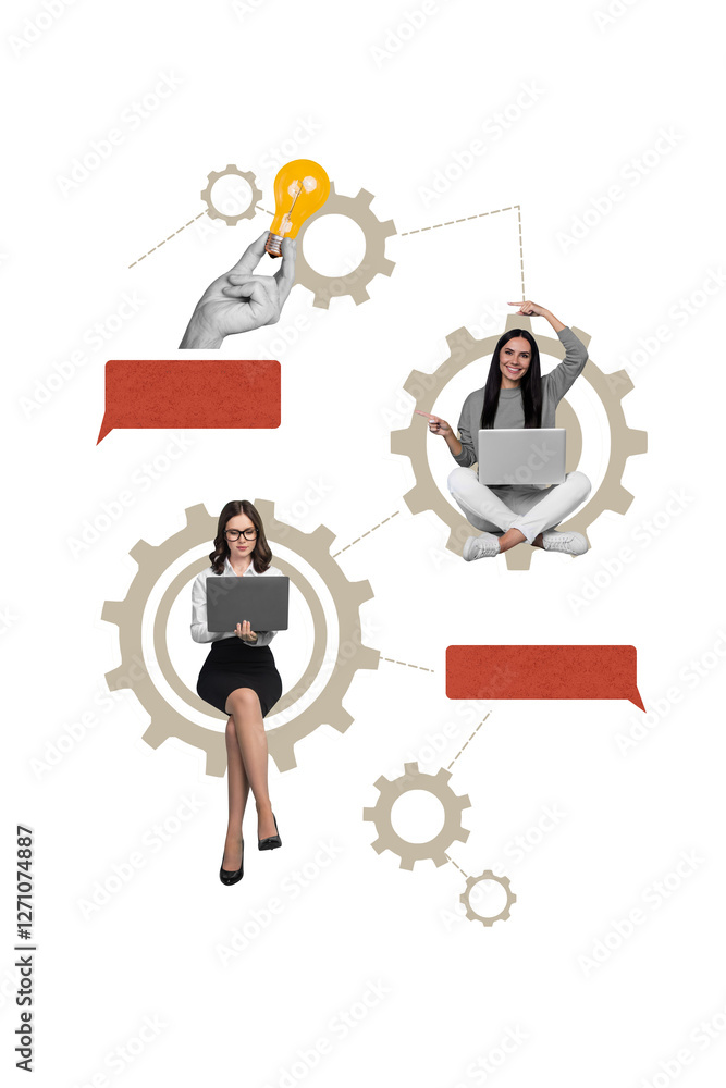 Poster collage picture illustration of teamwork colleagues girls remote job chatting genius idea program de