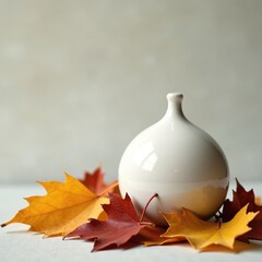 A delicate white ceramic sphere amidst a tumble of autumn leaves, rustic ceramics, earthy tones