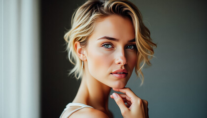 Close-up portrait of a blonde woman with a gentle smile, looking radiant in soft natural light.