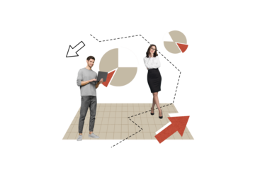 Magazine collage illustration opportunity development successful colleagues business workers analysis stats isolated on beige background