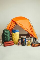 Camping tent with various camping gear on plain background. studio photo.
