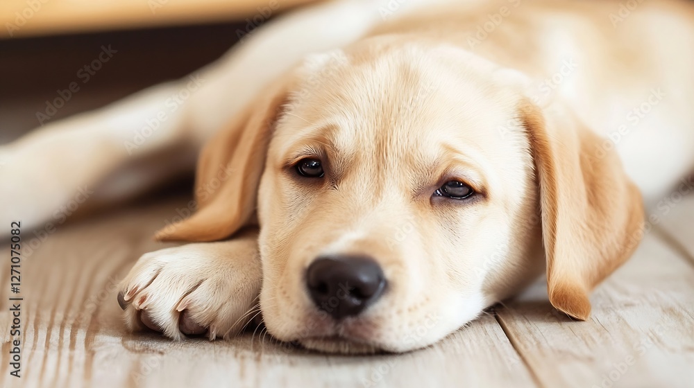Aufkleber Cute lazy puppy resting on wooden floor with tired expression showcasing its adorable features : Generative AI