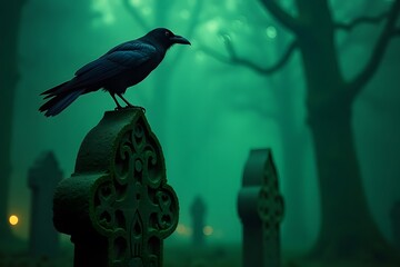 Fototapeta premium A raven perched on a Celtic gravestone, illuminated by eerie green light.