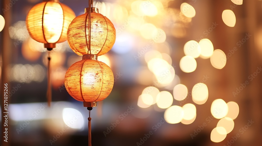 Poster beautiful glowing lanterns creating a warm ambiance at an evening celebration with blurred lights : 