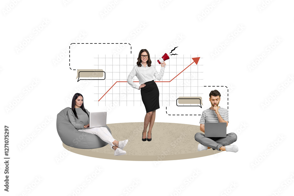 Poster Creative collage image of corporate colleagues use netbook hold loudspeaker dialogue bubble automation cogwheel isolated on beige background