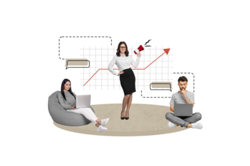 Creative collage image of corporate colleagues use netbook hold loudspeaker dialogue bubble automation cogwheel isolated on beige background