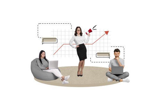 Creative collage image of corporate colleagues use netbook hold loudspeaker dialogue bubble automation cogwheel isolated on beige background - Powered by Adobe