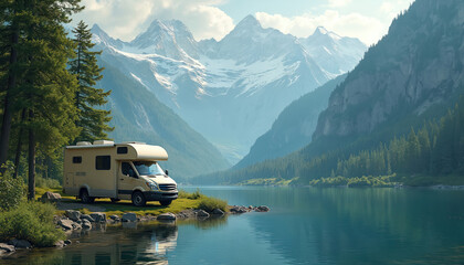 Camper van parked by tranquil alpine lake, surrounded by mountains, rich trees. Serene outdoors nature scene ideal for road trip, camping adventure vacation. Sunny scenic travel background.