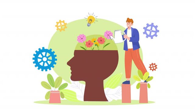 Flat vector scene animation focusing on a mind's growth, where different aspects of learning and mental development are symbolized with engaging visuals and characters.
