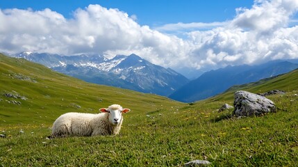 Peaceful Sheep Relaxing in a Green Valley Under a Blue Sky with Mountains : Generative AI