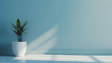 Minimalist indoor scene featuring a potted plant against a soft blue wall with natural light