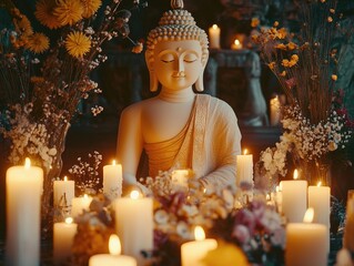 Religious statue in front of a flower arrangement and candles.