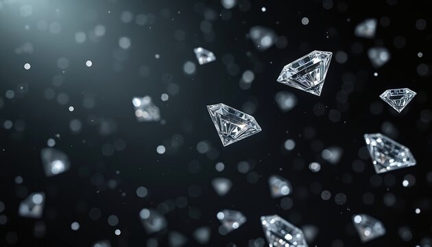 Scattering diamonds fall against dark background. Sparkle glistering shine bright gemstones jewellery with precious gem cut with clarity. Facet light abstract design graphic illustration motion.