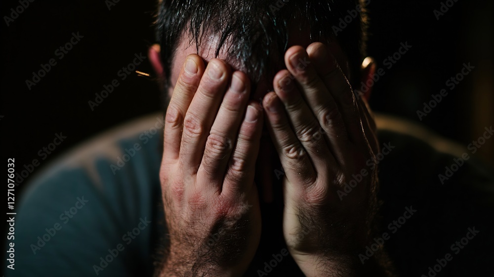 Poster distressed man hiding his face with hands showcasing deep emotions and mental struggle in a dimly li