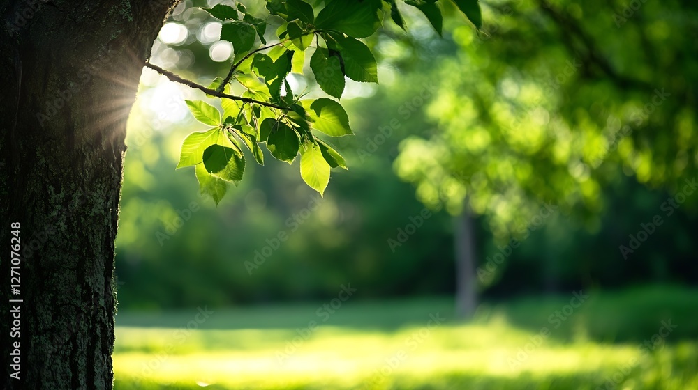 Poster sunlight filtering through leaves on a tree in a serene green park setting : generative ai