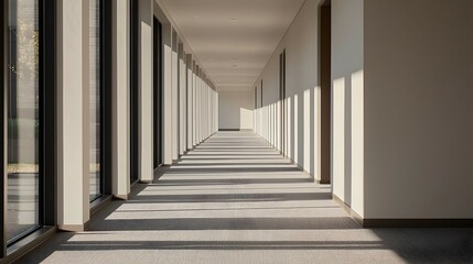 Fototapeta premium Long Modern Hallway With Sunlight Streaming Through Windows