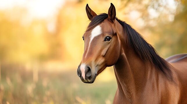 Majestic Brown Horse Stands Gracefully in Sunlit Meadow Surrounded by Nature's Beauty : Generative AI