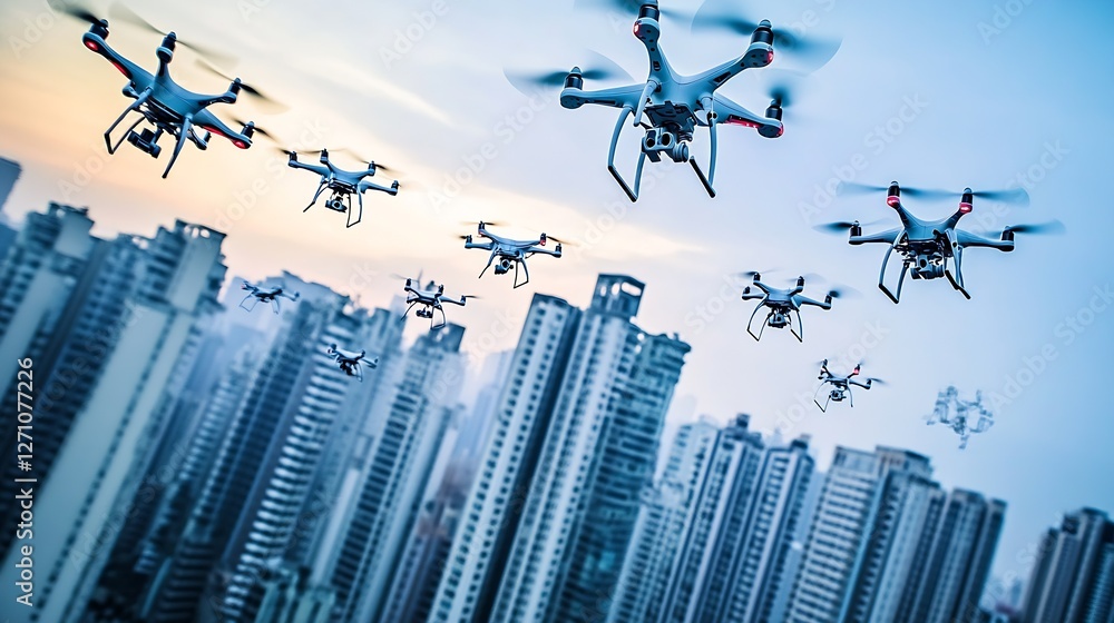 Poster drones in flight above urban landscape at sunset showcasing modern technology and architecture : gen