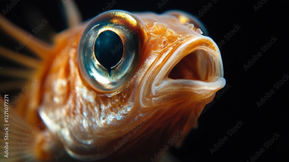 Poster close-up of a vibrant and expressive fish face showcasing its intricate eyes and textures : generati