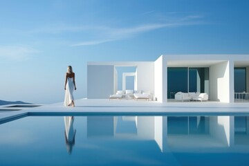 Obraz premium Woman on the phone villa architecture building.