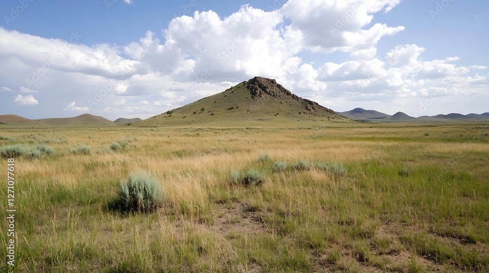 Aufkleber Vast open grassland with a distant mountain under a bright sky filled with fluffy clouds : Generative AI