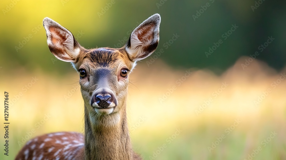 Aufkleber a curious deer standing gracefully in an open field with a soft blurred background : generative ai