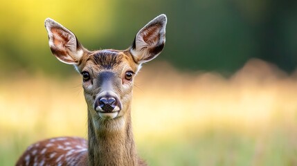 Obraz premium A curious deer standing gracefully in an open field with a soft blurred background : Generative AI