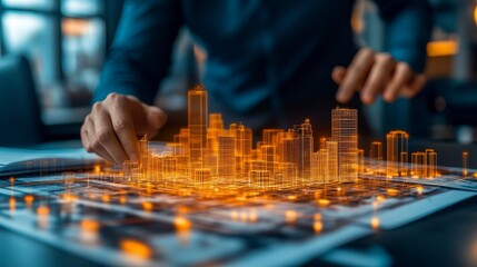 An architect working with digital overlays of building designs and finished structures, representing the creative process