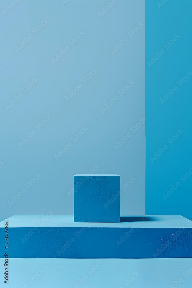 Poster minimalistic blue geometric composition featuring a cube on a platform against a gradient background