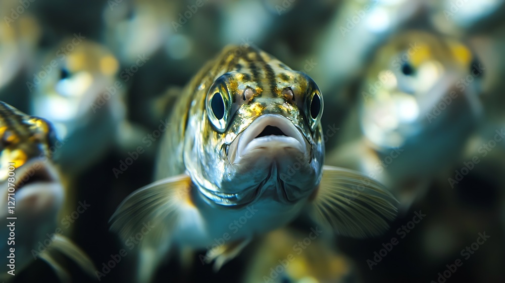 Poster close-up of vibrant striped fish swimming in clear water showcasing its unique features : generative