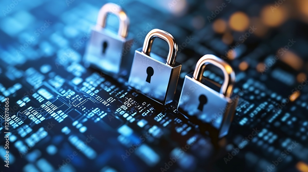 Leinwandbilder Multiple metallic padlocks on a digital circuit board illustrating online security concepts : Generative AI