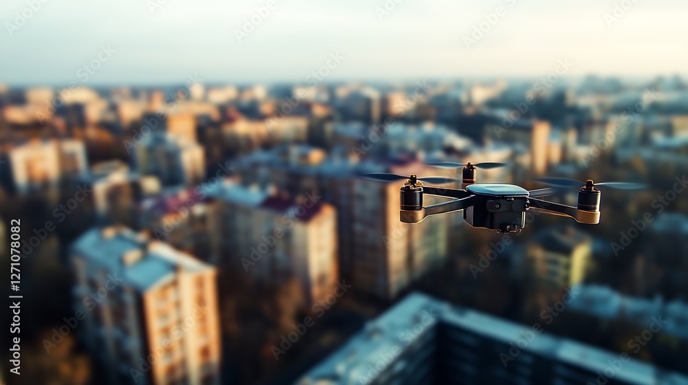 Poster aerial view of a drone flying over urban cityscape with buildings and skyline : generative ai