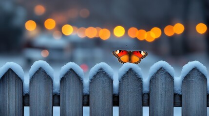 A red admiral butterfly resting on a rustic wooden fence, with blurred countryside scenery behind.