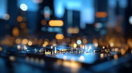 Abstract view of a hightech circuit board with glowing lights representing advanced technology : Generative AI