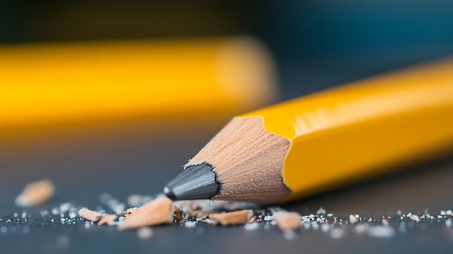 Close up of sharpened yellow pencil with shavings on desk surface in workspace : Generative AI