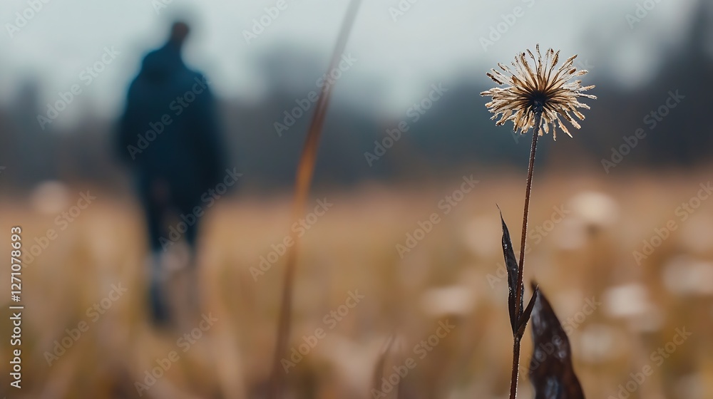 Poster lonely flower in a field with a blurred figure walking in the background during a tranquil evening :