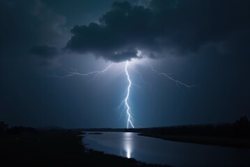 Lightning bolt striking near river at night under stormy clouds