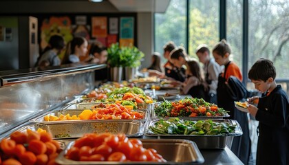 Obraz premium Kids cooking class buffet, healthy food, school kitchen, learning