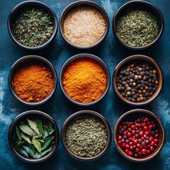 Assorted spices in bowls on blue surface displaying diverse colors and textures