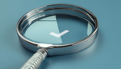 An enlarged white check symbol on a blue background, representing examination, quality assurance, and verification