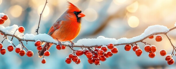 Fototapeta premium Against a soft winter backdrop, a brilliant cardinal perched on a branch dusted with snow and bright red berries