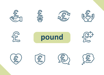 Pound icons. Money, currency, cash, pound sterling, payment, savings, investment, symbol vector icon set